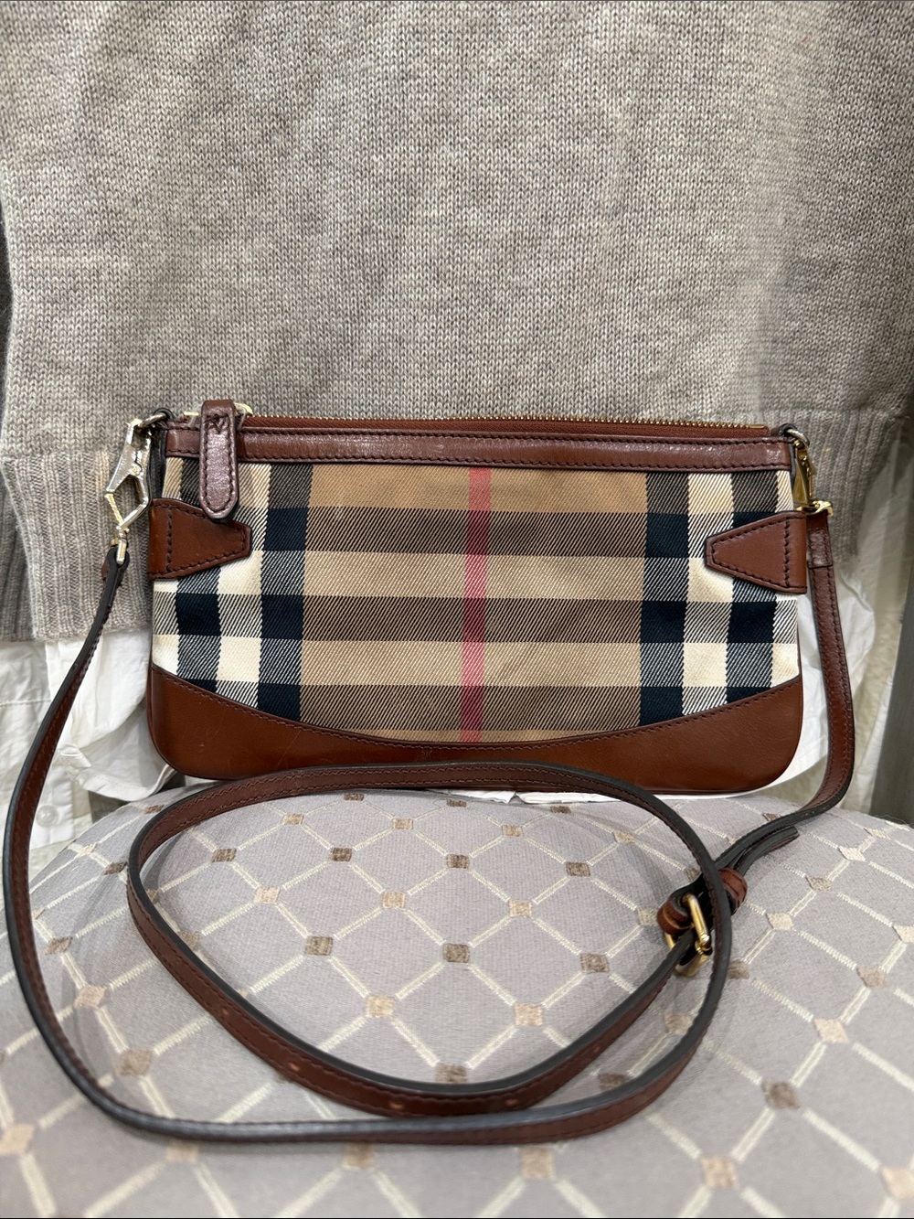 Burberry Tan and Brown Check Crossbody with Leather Trim - Picture 3 of 7